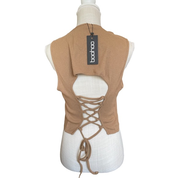 BOO HOO RIB RACER LACE UP BACK CROP TOP - Picture 6 of 10